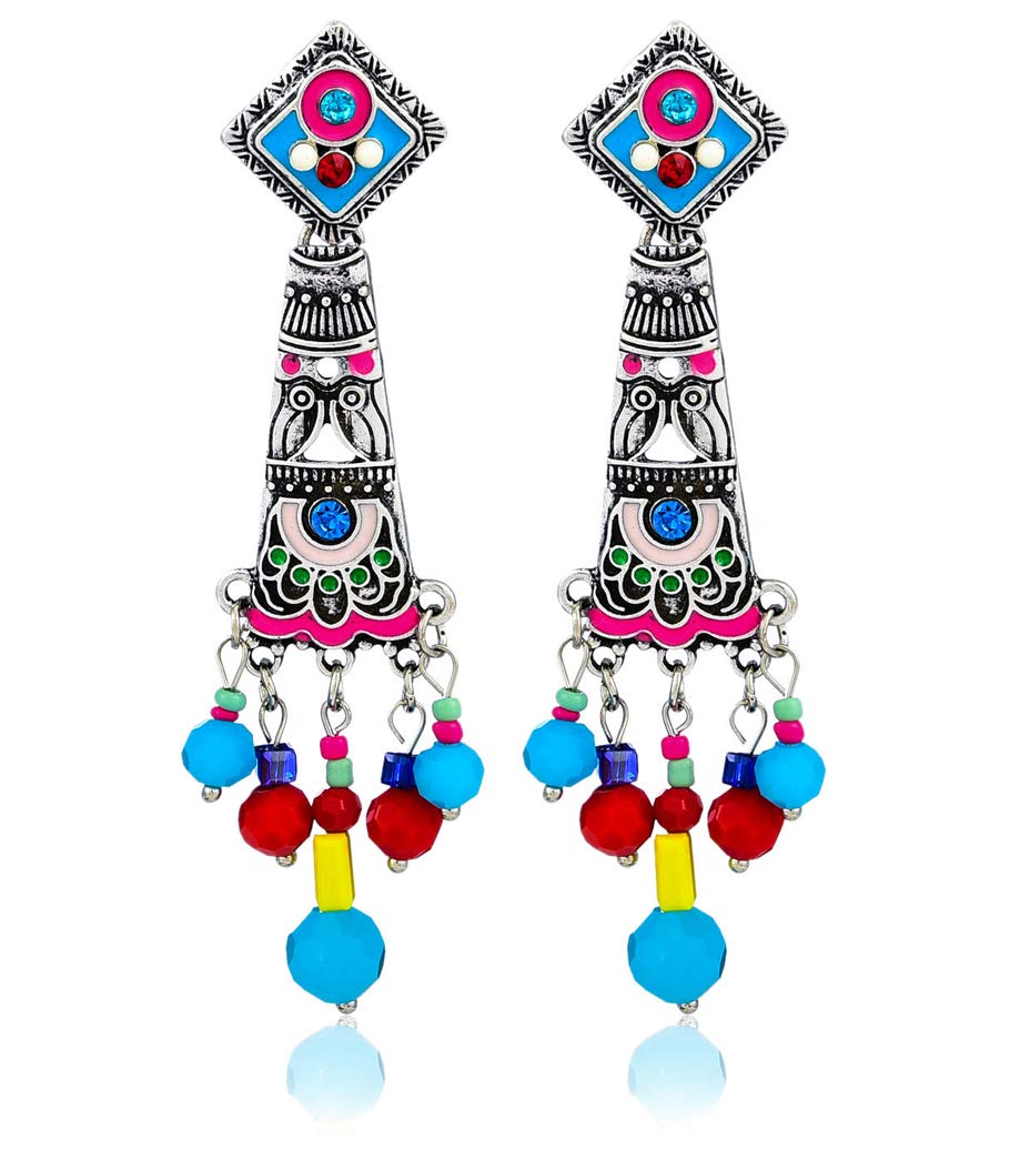 Yellow Chimes Oxidised Silver Multicolor Enameled Drop Earrings for Women  Girls