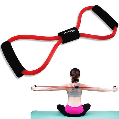 Strauss Yoga Chest Expander: Ideal for Yoga, Gym, Home Workout. Premium Natural Latex, Lightweight, Soft, Comfortable Handle, 8 Shape, Red.