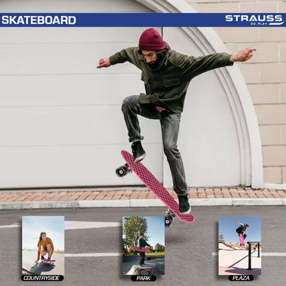 STRAUSS Cruiser Skateboard, Anti-Skid, High Precision Bearings, Light-Up Wheels, Ideal for All Skill Levels, Checkered Pink