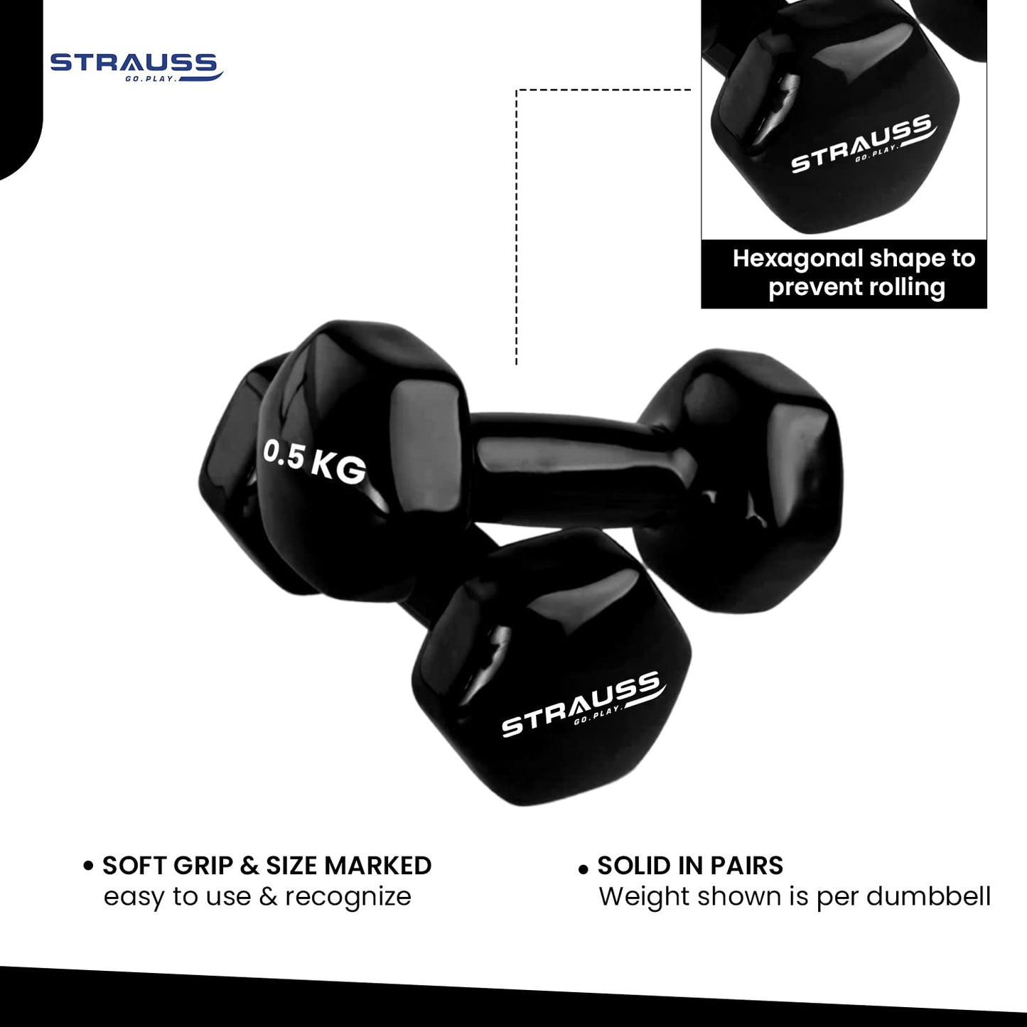 Strauss Premium Vinyl Dumbbells 0.5 Kg Each, 1 Kg Pair for Home Workout, Yoga, Pilates, Gym. Non-Slip, Easy to Hold, Scratch Resistant, Black.