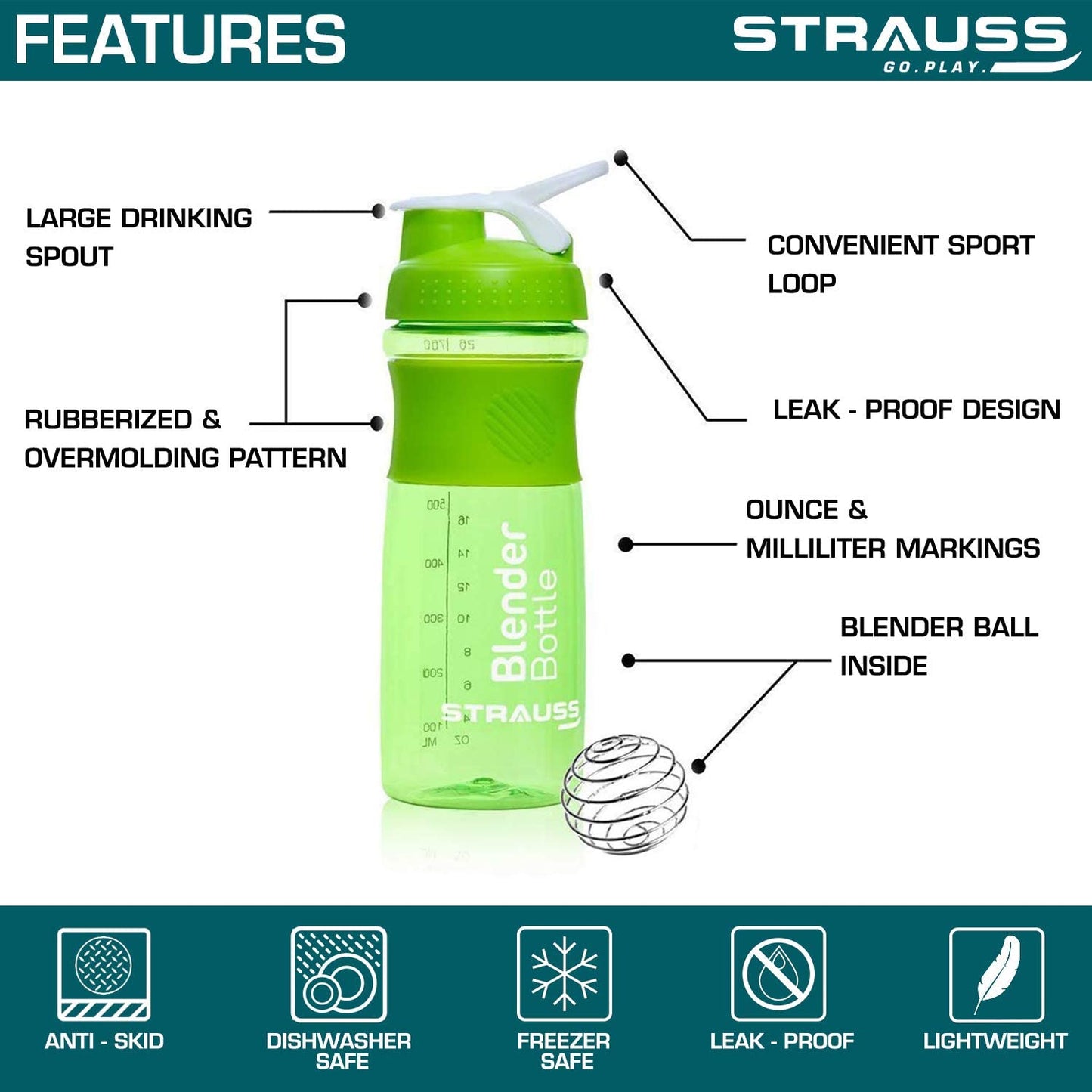 STRAUSS Leakproof Shaker Bottle for Protein Shakes, Pre-workout, BCAA, Gym, BPA-Free, 760 ML, Green. Ideal for Men and Women.