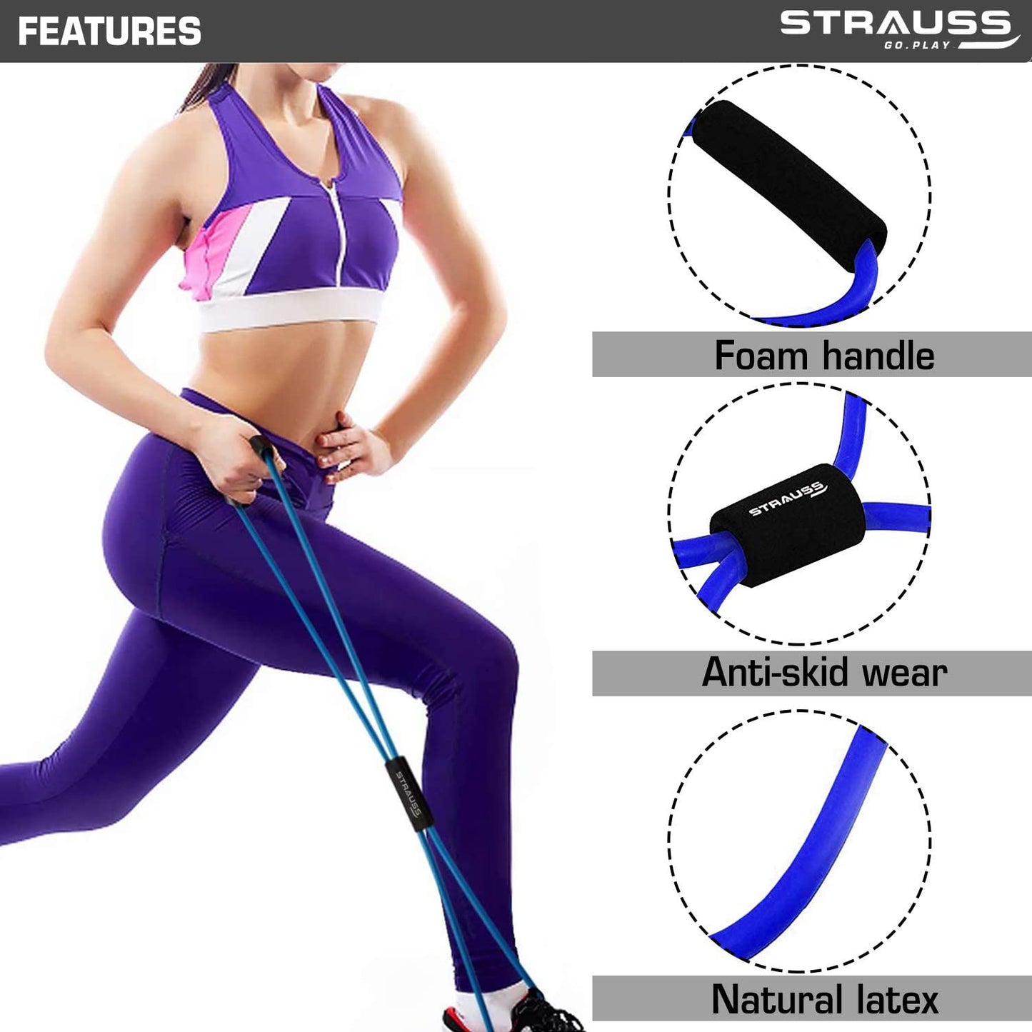 Strauss Yoga Chest Expander: Ideal for Yoga, Gym, Home Workout. Premium Natural Latex, Lightweight, Soft, Comfortable Handle, 8 Shape Resistance Tube.