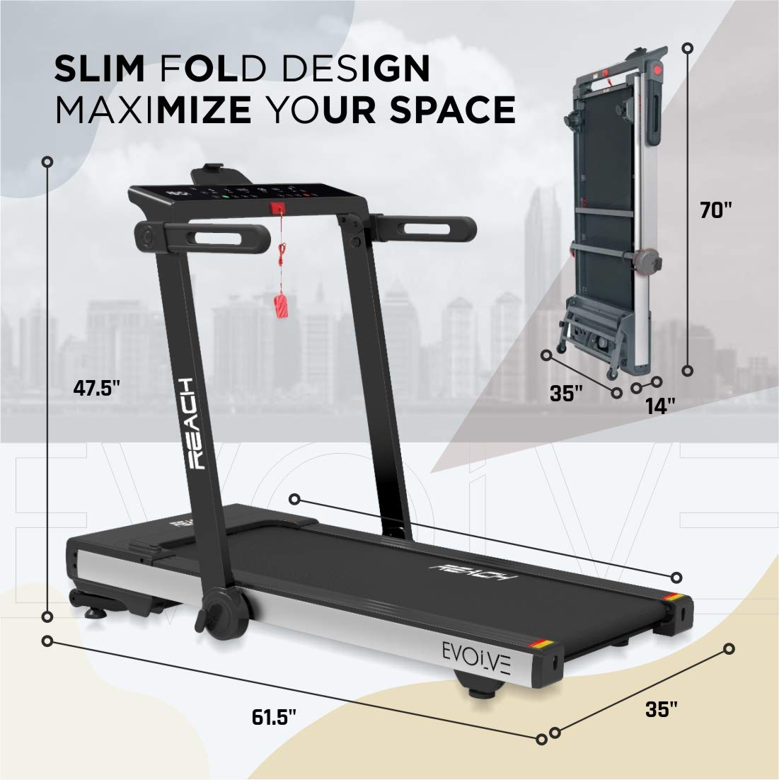 Reach Evolve 6 HP Treadmill: Auto Incline, Foldable, LCD, Bluetooth, 15 Workouts, 16 km/h, 110 kg max user weight.