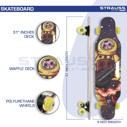 STRAUSS Plastic Skateboard, Anti-Skid, High Precision Bearings, Light-Up Wheels, Ideal for 8+ Years, 31x8 Inch, Astronaut, Multicolor