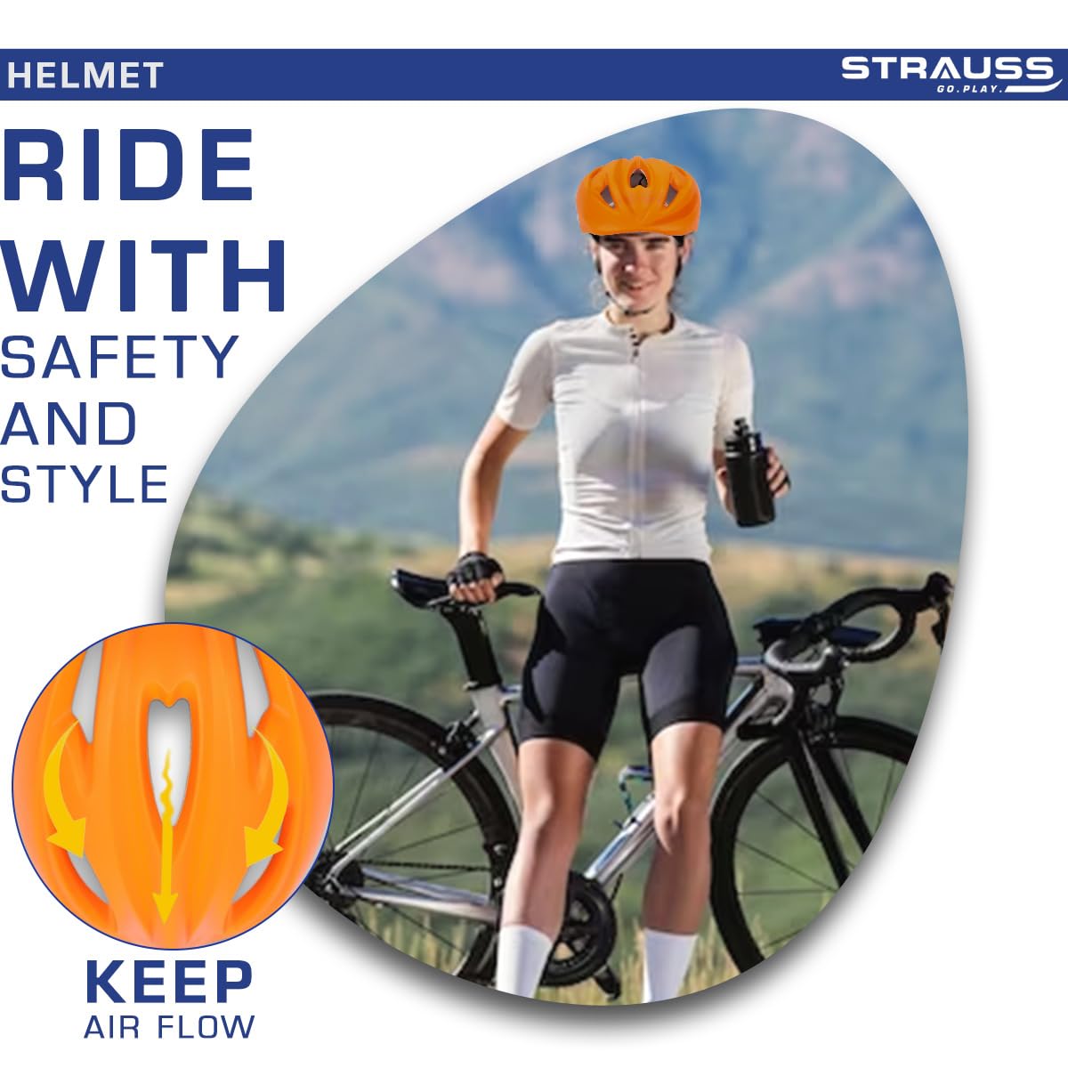 Strauss GlideX Cycling Helmet, Lightweight, Superior Ventilation, EPS Foam Lining, for Adults & Kids, Orange.