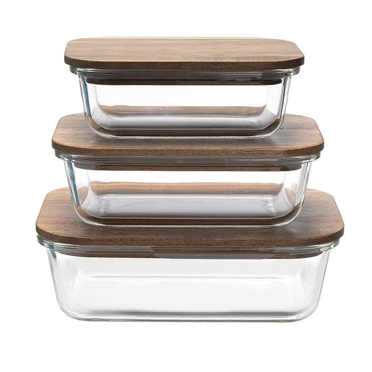 The Better Home Borosilicate Glass Containers 3Pcs - 370ml, 640ml, 1050ml, Bamboo Lid, Microwave Safe, Air Tight Kitchen Storage.