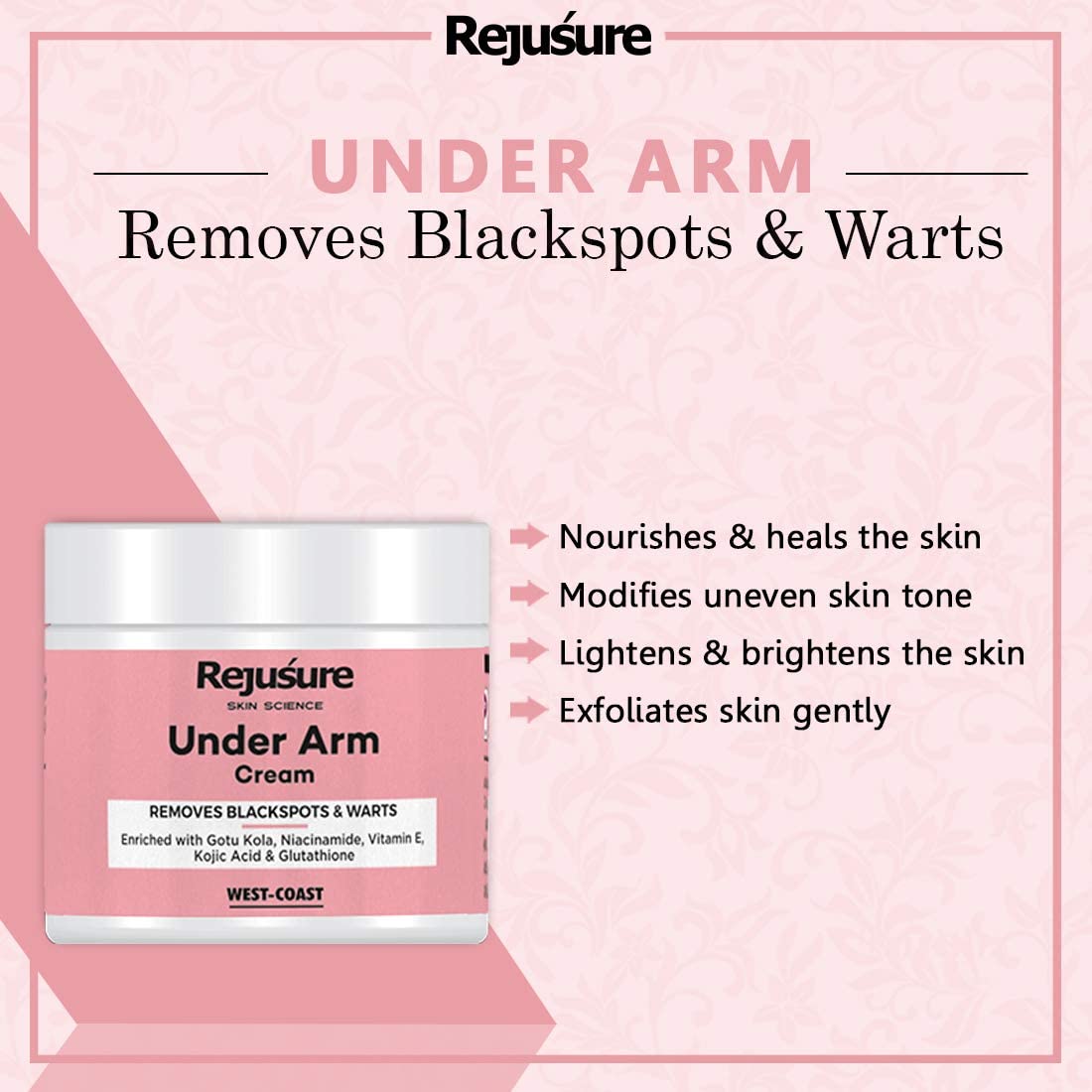 Rejusure Under Arm Cream - Brightens  Pores  Dark Spots  Warts  Underarm Care - 50 gm