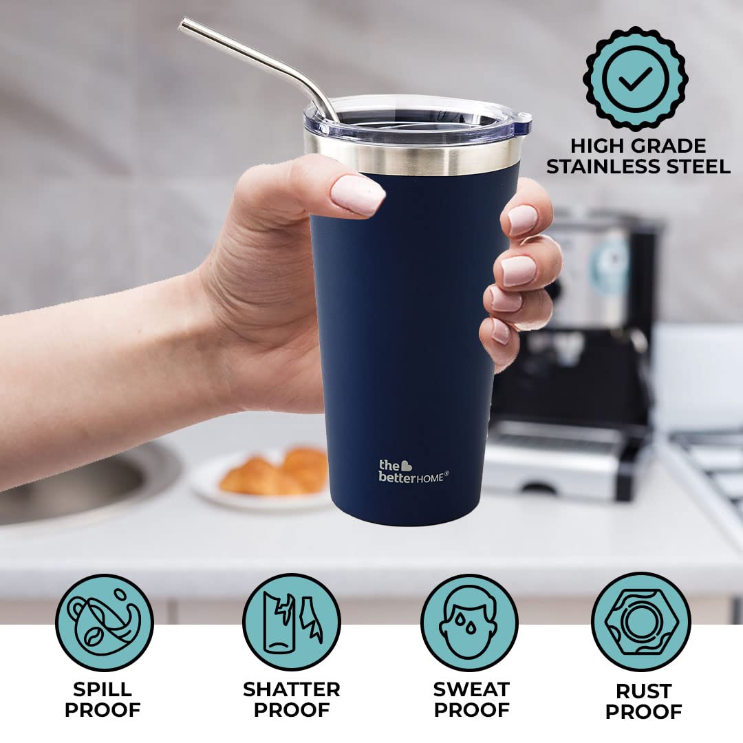 The Better Home 450ml Insulated Coffee Tumbler, 304 Stainless Steel, Leakproof, 6 hrs hot/cold, with Lid & Straw, Perfect for Travel, Home, Office, Blue.