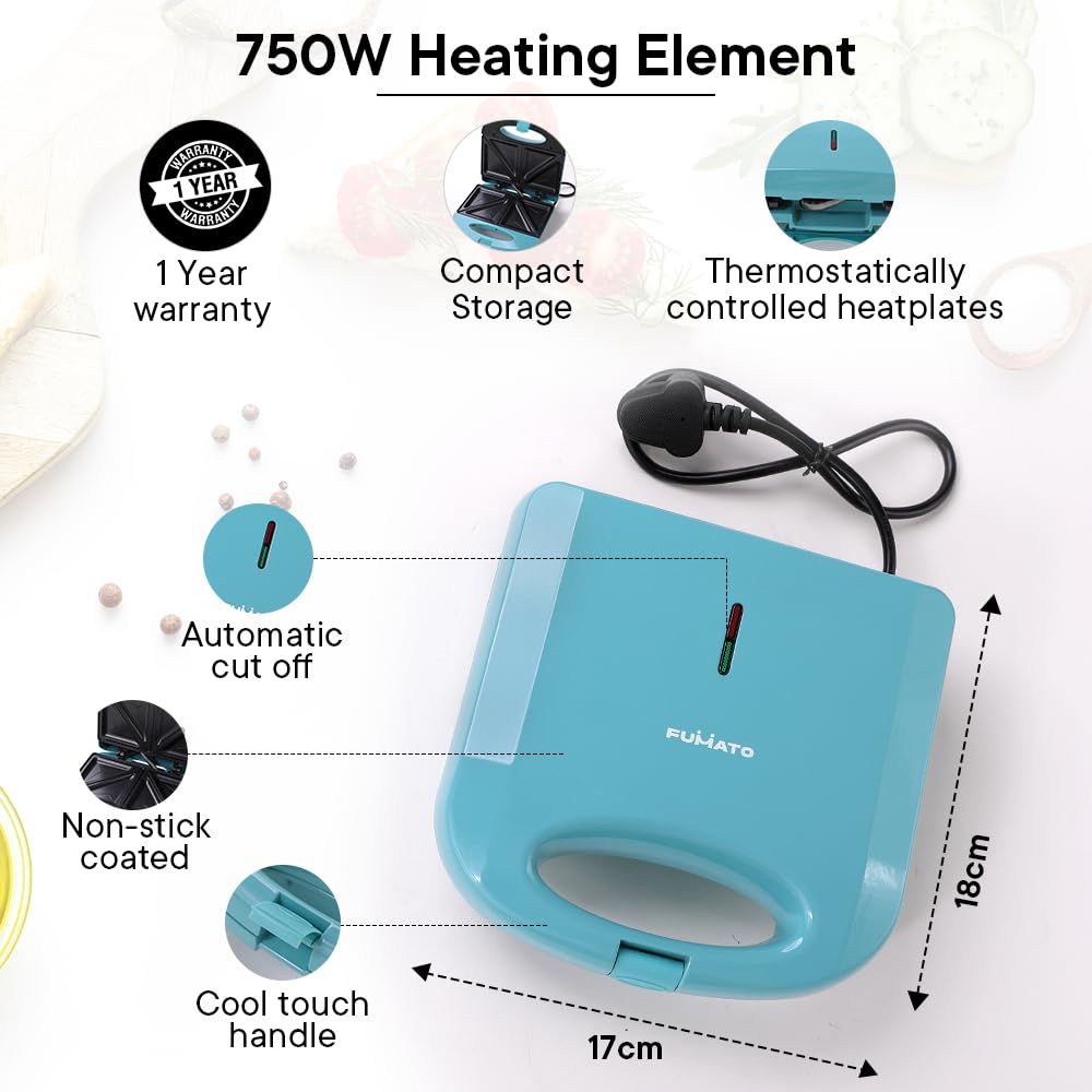 The Better Home FUMATO House Warming Anniversary Wedding Gifts for Couples- 2 Slice Pop-up Toaster with Bun Rack  Sandwich Maker  2 in 1 Egg Boiler  Poacher  1 Yr Warranty Misty Blue
