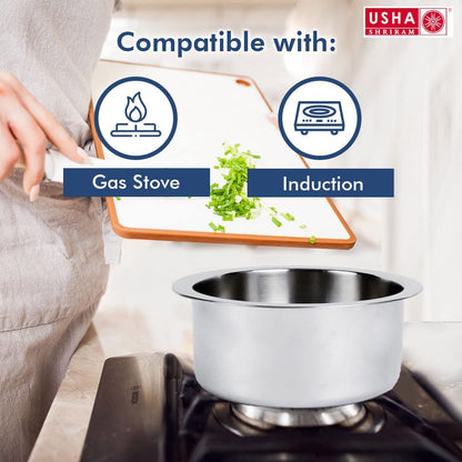 USHA SHRIRAM Triply Stainless Steel Sauce Pan with Lid, Induction Cookware, Easy Grip Handles, 1.4L & 2.1L