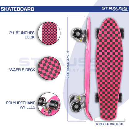 STRAUSS Cruiser Skateboard, Anti-Skid, High Precision Bearings, Light-Up Wheels, Ideal for All Skill Levels, Checkered Pink