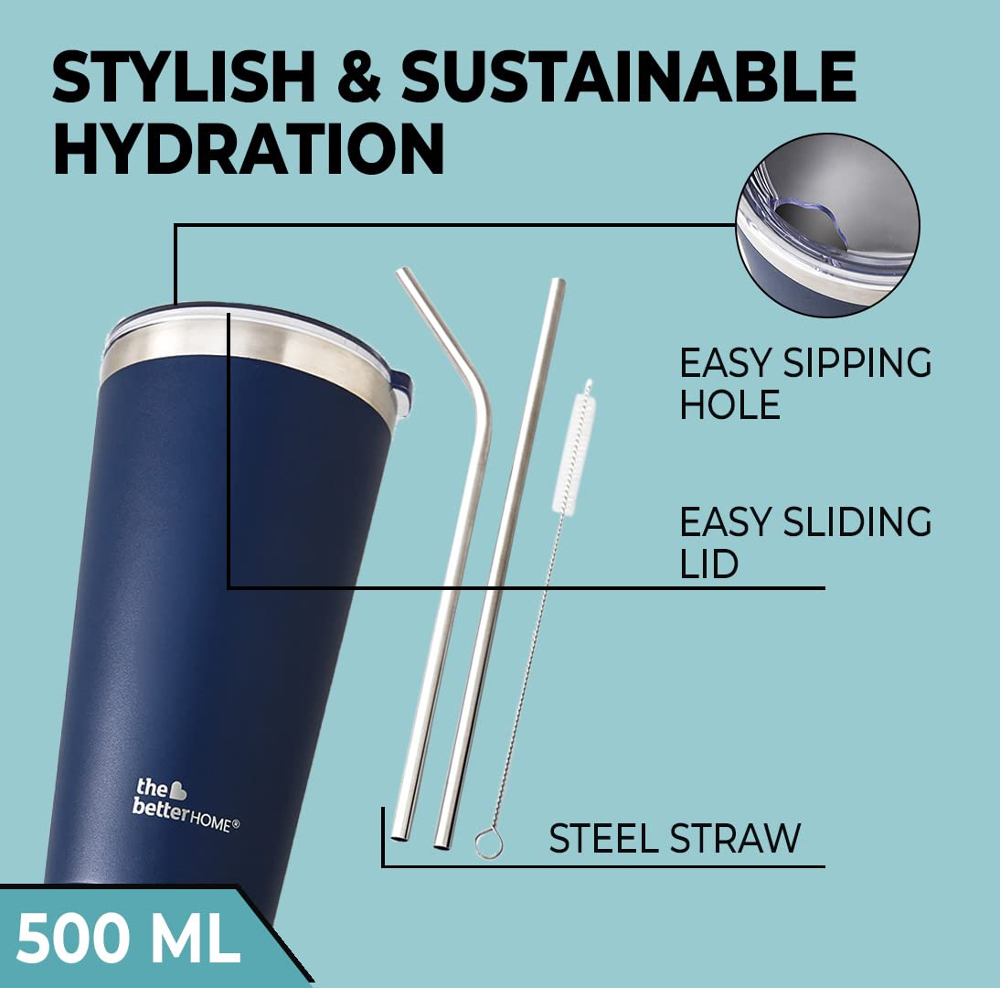 The Better Home 450ml Insulated Coffee Tumbler, 304 Stainless Steel, Leakproof, 6 hrs hot/cold, with Lid & Straw, Perfect for Travel, Home, Office, Blue.