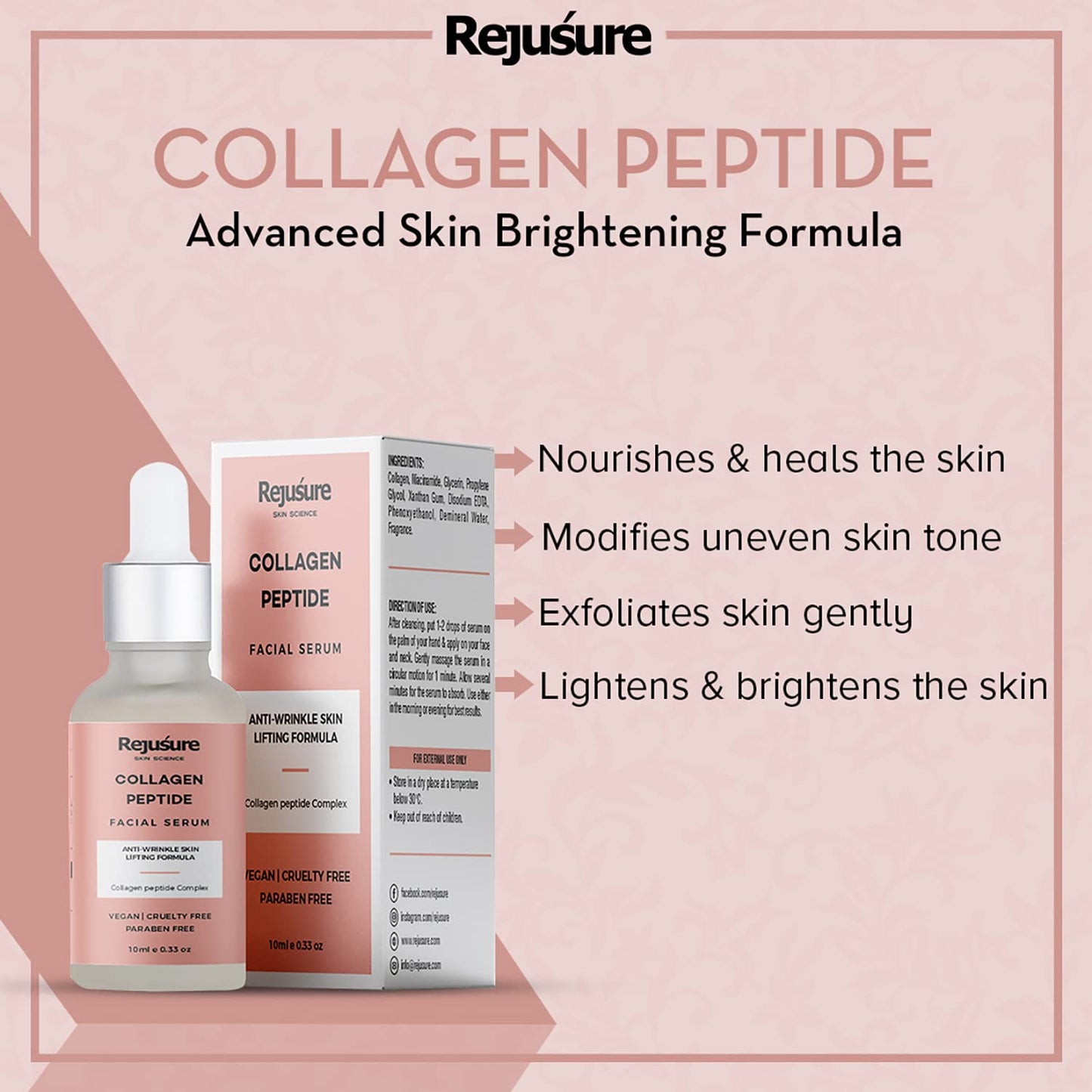 Rejusure Collagen Peptide Face Serum - Skin Elasticity  Wrinkles  Antiaging  Skin Texture  Deep Moisturization  Men  Women  Overnight Repair - 10ml