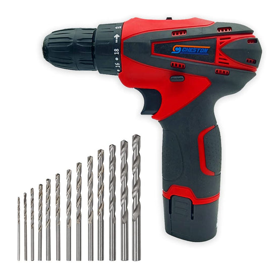 Cheston 12V Cordless Drill Kit: 10mm Keyless Chuck, Li-ion 1500mAh, 18+1 Torque, Reversible, Variable Speed, Case, 13 HSS Wall Bits.