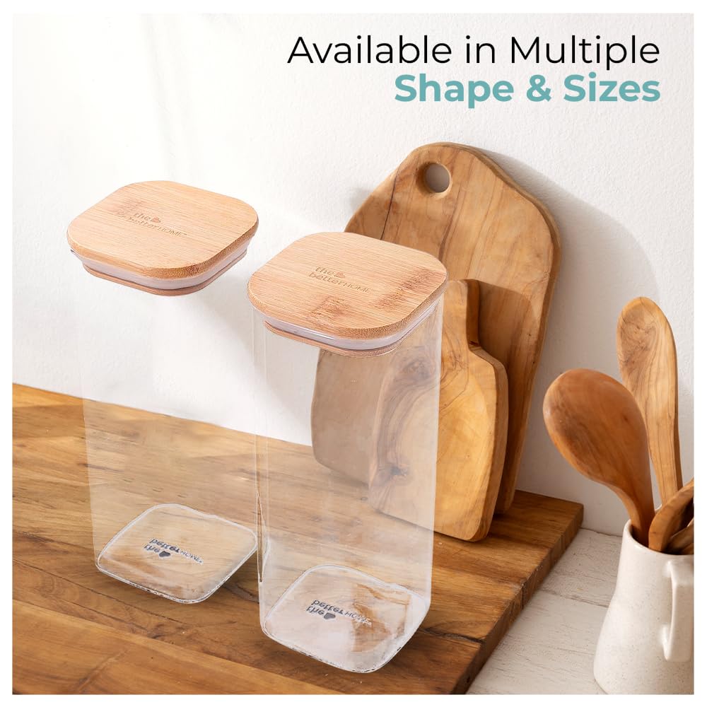 The Better Home 6 Kitchen Accessories Set: Rectangular Airtight Borosilicate Glass Jars with Bamboo Lids, 600ml each for Cookies, Snacks, Tea, Coffee, Sugar.