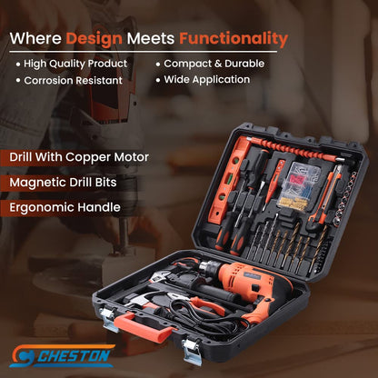 Cheston 13mm 750W Power Drill Kit: Impact Drill, Hammer, Wrench, Plier, Cutter, Spirit Level, Tape, Screwdriver, 43-Piece Tool Kit.