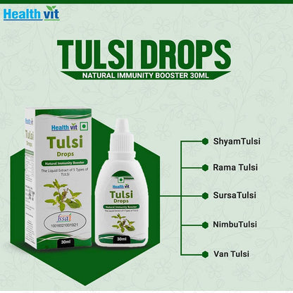 Healthvit Tulsi Drops - Concentrated Extract of 5 Rare Tulsi for Natural Immunity Boosting Anti-Oxidant Effect Oral Health Digestion Cough and Cold Relief - 30ml