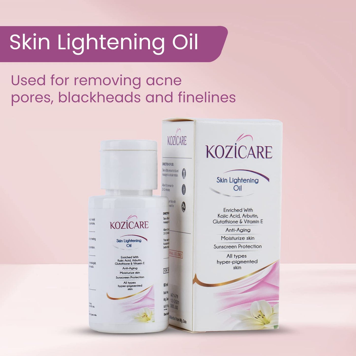 Kozicare Skin Lightening Oil with Kojic Acid & Glutathione, reduces hyperpigmentation, provides younger skin - 60ml, Pack of 3.