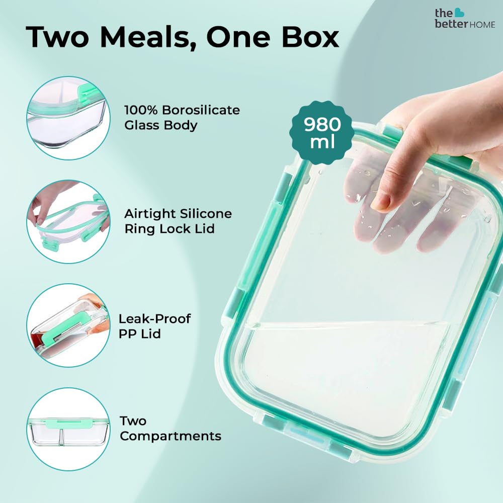 The Better Home Glass Microwave Safe Office Two Compartment LuInch Box Safety Lock Airtight Tiffin Box For Office Men Women 1000Ml Transparent