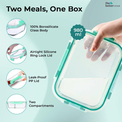 The Better Home Glass Microwave Safe Office Two Compartment LuInch Box Safety Lock Airtight Tiffin Box For Office Men Women 1000Ml Transparent