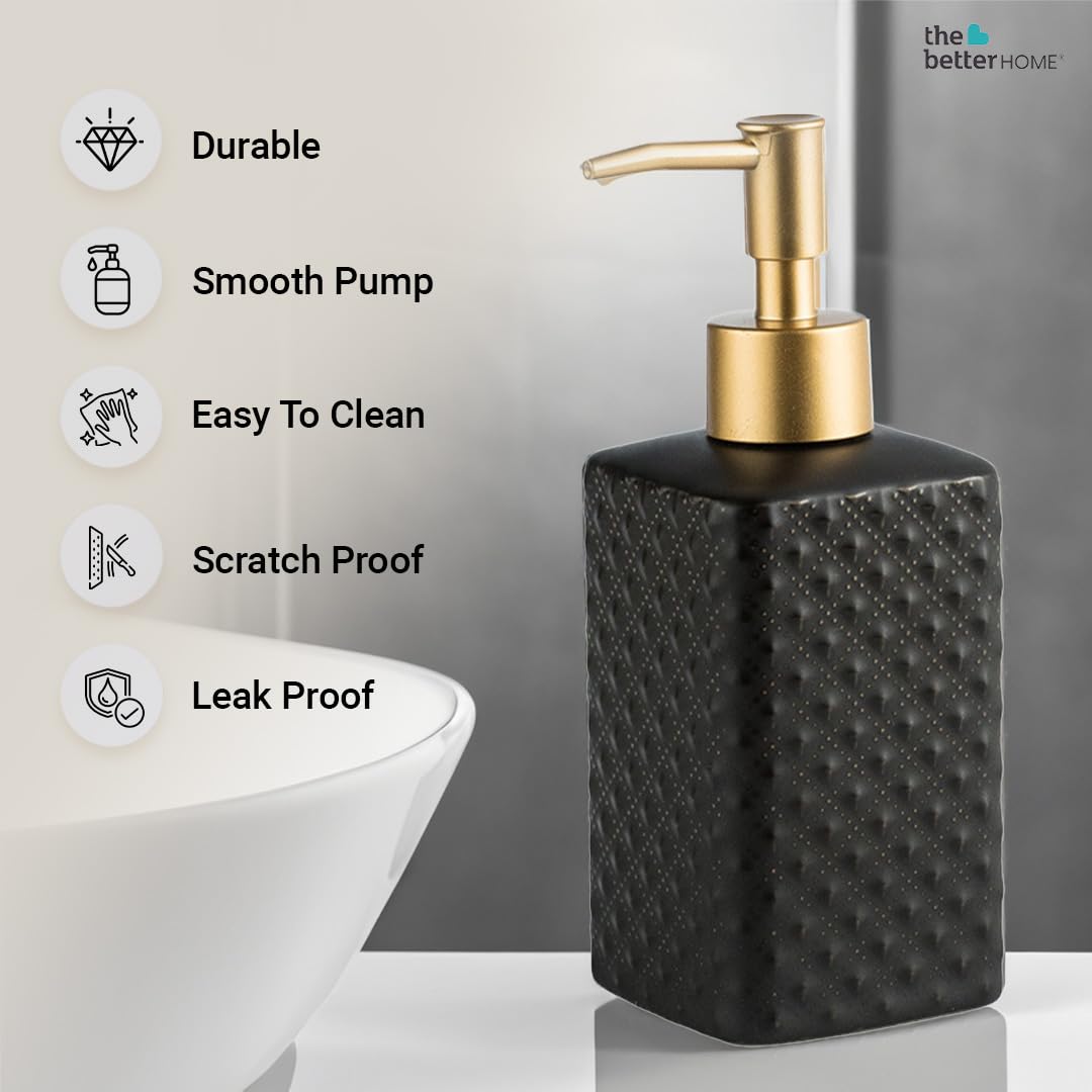 The Better Home 350ml Soap Dispenser Bottle - Black Set of 4 Ceramic Liquid Pump Dispenser for Kitchen Wash-Basin and Bathroom