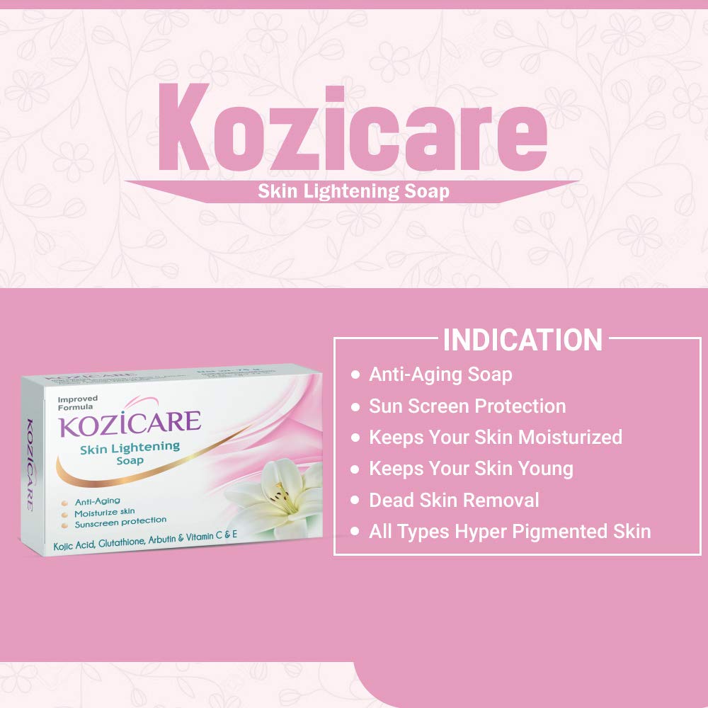 Kozicare Skin Lightening Soap: Kojic Acid, Arbutin, Vitamins C & E, Glutathione, sunscreen, moisturizes, 75g, Pack of 9.