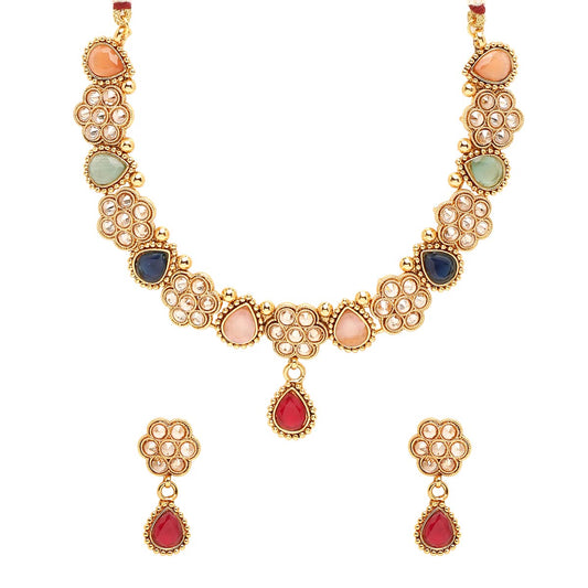 Yellow Chimes Jewellery Set for Women Gold Plated Floral Designed Tear Drop Multicolor Crystal Studded Choker Necklace Set with Earrings for Women and Girls
