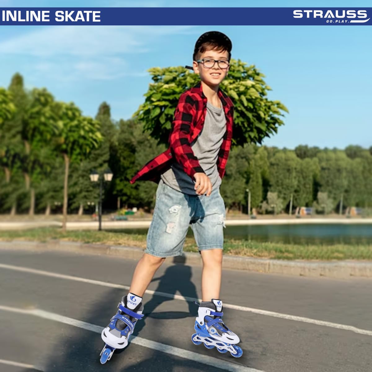 STRAUSS Vortex Adjustable Inline Skates for Boys & Girls, 4 Wheels, Beginner-Friendly, Enhanced Stability, Size M, Blue