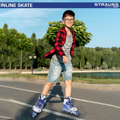 STRAUSS Vortex Adjustable Inline Skates for Boys & Girls, 4 Wheels, Beginner-Friendly, Enhanced Stability, Size M, Blue