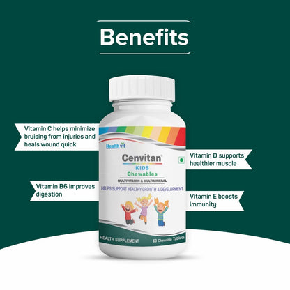 HealthVit Cenvitan Kids Multivitamin Chewable Tablets: Supports growth, immunity, energy, strong bones. 60 tablets.