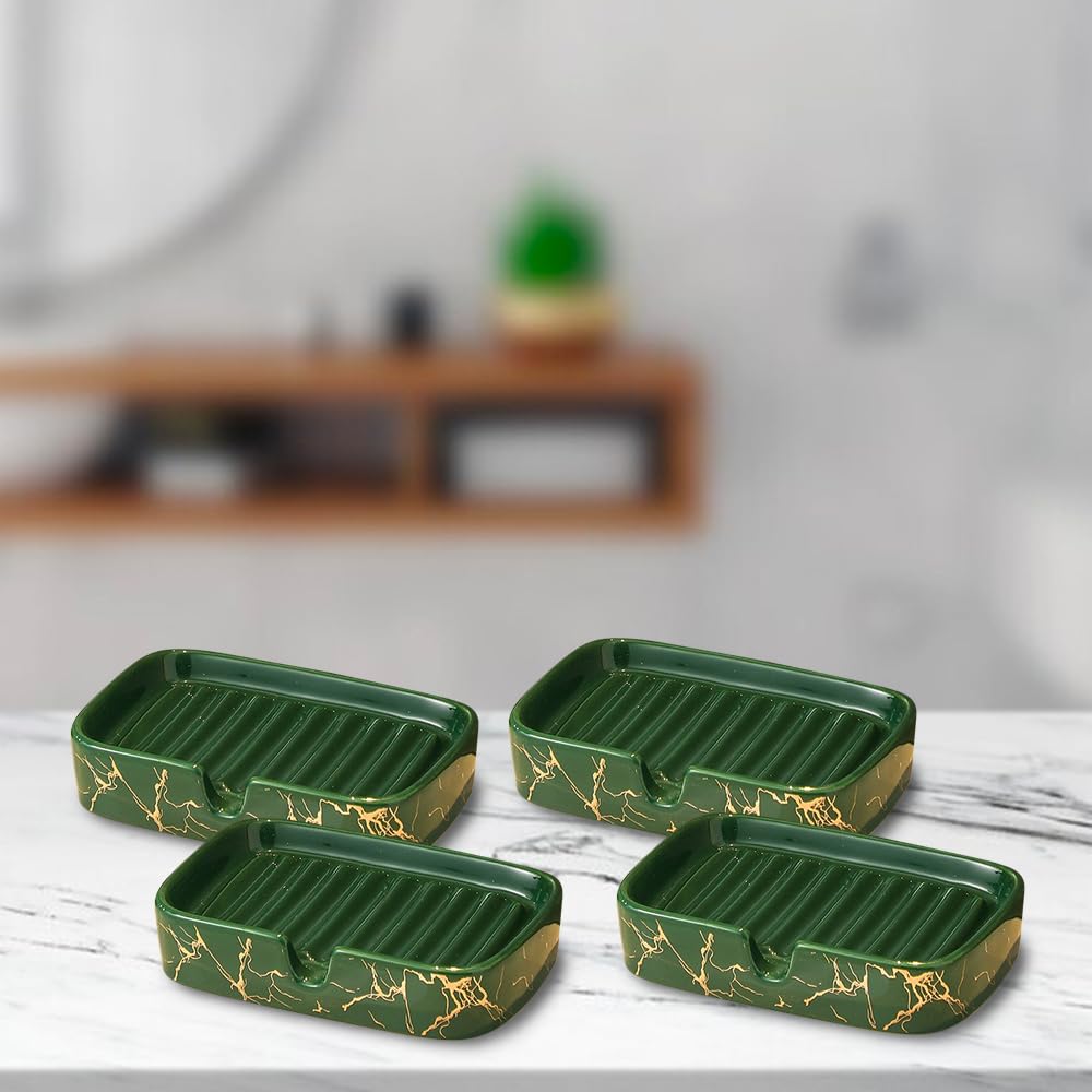 The Better Home Ceramic Soap Dish Tray, Green, Set of 4 - Stylish and Functional Bathroom Accessories for Tub or Wash Basin.