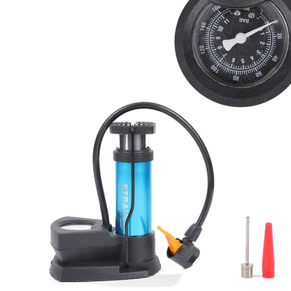 Strauss Portable High Pressure Foot Air Pump for Car/Bike/Bicycle/Football/Scooter, Fits Presta & Schrader, Blue, with Needle & Pressure Gauge.