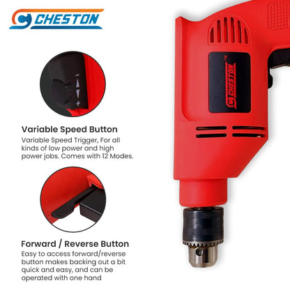 Cheston 10mm Powerful Drill Machine Screwdriver Reverse Forward Rotation with Variable Speed for Wall Metal Wood Drilling 5 Wall and 13 HSS BITS Included