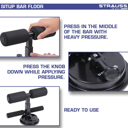 STRAUSS Sit-Up Bar: Portable, Foam Handle, Rubber Suction. Ideal for Sit-ups, Push-ups, Abs Workout, Weight Loss. Black.