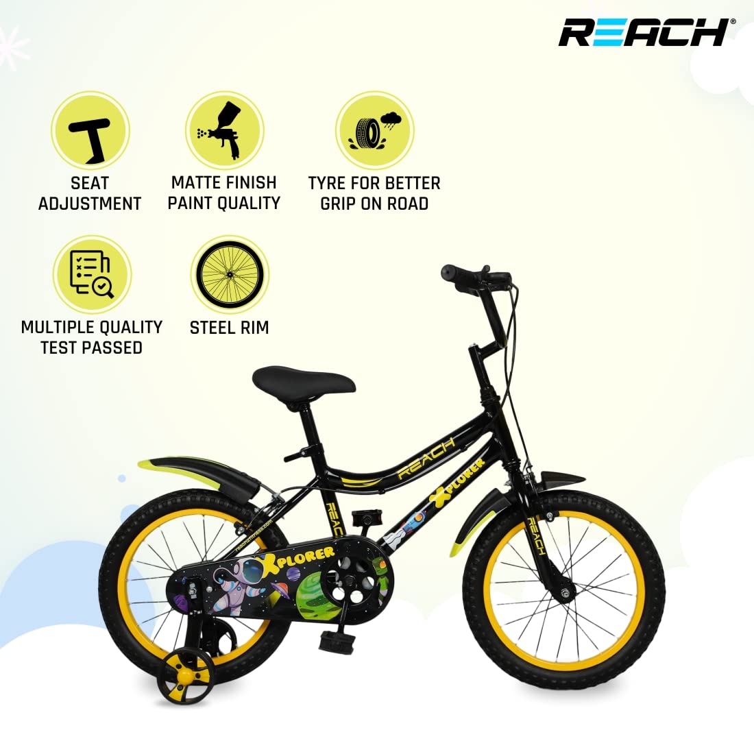 Reach Xplorer Kids Cycle 16T with Training Wheels, 90% Assembled, Frame Size 12, for Heights 3'8", Ages 4-8 Years