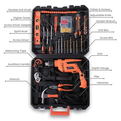 Cheston 13mm 750W Power Drill Kit: Impact Drill, Hammer, Wrench, Plier, Cutter, Spirit Level, Tape, Screwdriver, 43-Piece Tool Kit.