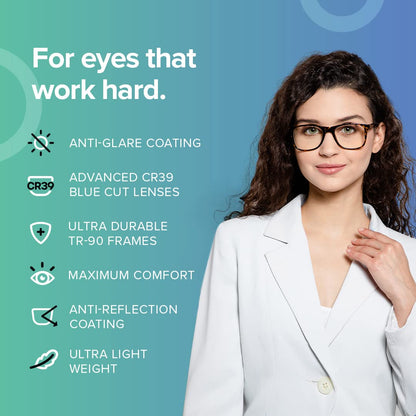 Intellilens Zero Power Blue Cut Computer Glasses, Anti Glare, UV Protection, Lightweight, Black Square Medium, for Men & Women.