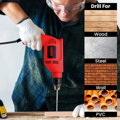 Cheston 10mm Powerful Drill Machine Screwdriver Reverse Forward Rotation with Variable Speed for Wall Metal Wood Drilling 5 Wall and 13 HSS BITS Included