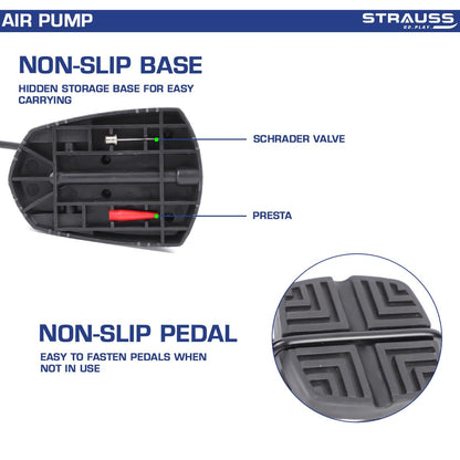 Strauss Portable High Pressure Foot Air Pump for Car/Bike/Bicycle/Football/Scooter, Fits Presta & Schrader, Blue, with Needle & Pressure Gauge.