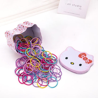 Melbees by Yellow Chimes Hair Rubber Bands for Girls, Set of 100 Multicolor Soft Stretchy Ponytail Holders with Kitty Tin Storage Box.