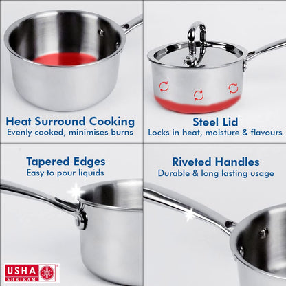 USHA SHRIRAM Triply Stainless Steel Sauce Pan with Lid, Induction Cookware, Easy Grip Handles, 1.4L & 2.1L