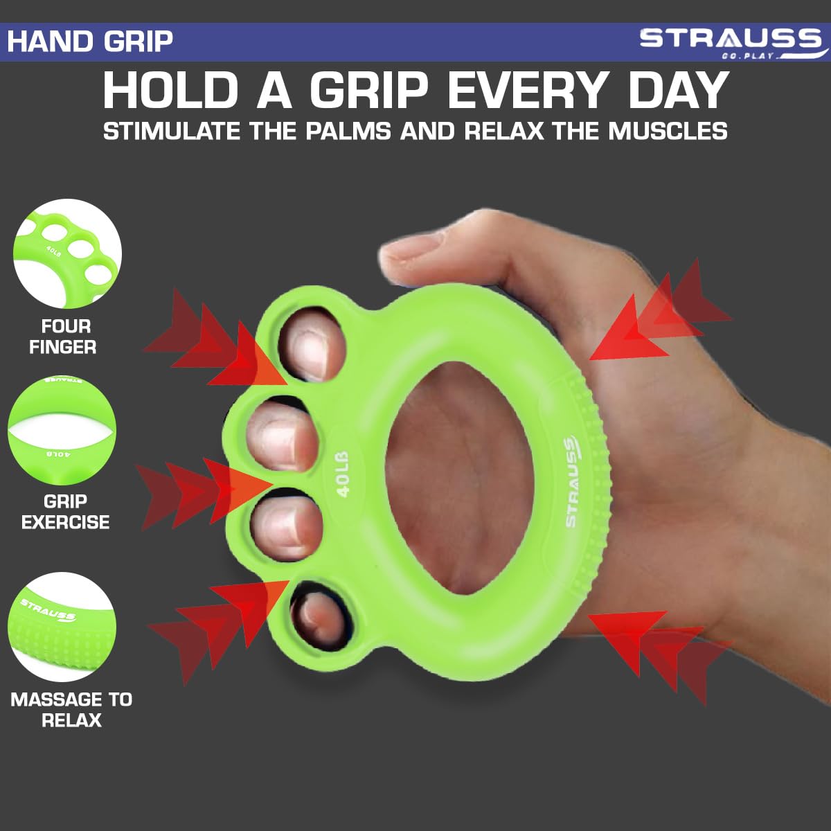 Strauss Adjustable Finger and Hand Exerciser  FingerPalm Gripper  Hand Strengthener for Carpal Tunnel Relief and Grip Strength for Men  Women Green