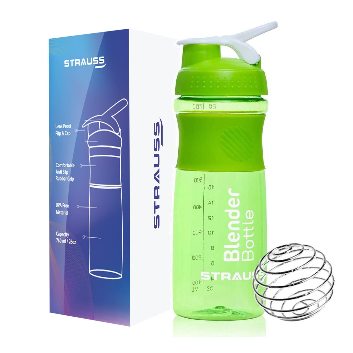 STRAUSS Leakproof Shaker Bottle for Protein Shakes, Pre-workout, BCAA, Gym, BPA-Free, 760 ML, Green. Ideal for Men and Women.