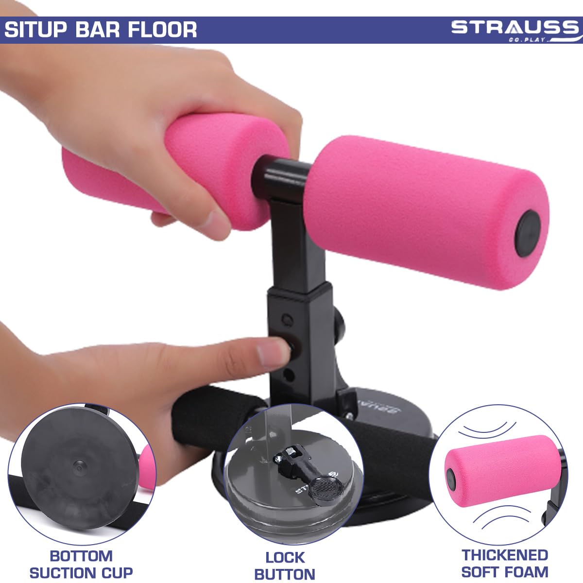 STRAUSS Sit-Up Bar: Portable, Foam Handle, Rubber Suction, Ideal for Abs Home Workout, Sit-ups, Push-ups, Weight Loss, Abdominal Trainer, Pink