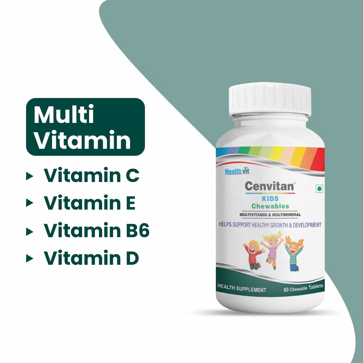 HealthVit Cenvitan Kids Multivitamin Chewable Tablets: Supports growth, immunity, energy, strong bones. 60 tablets.