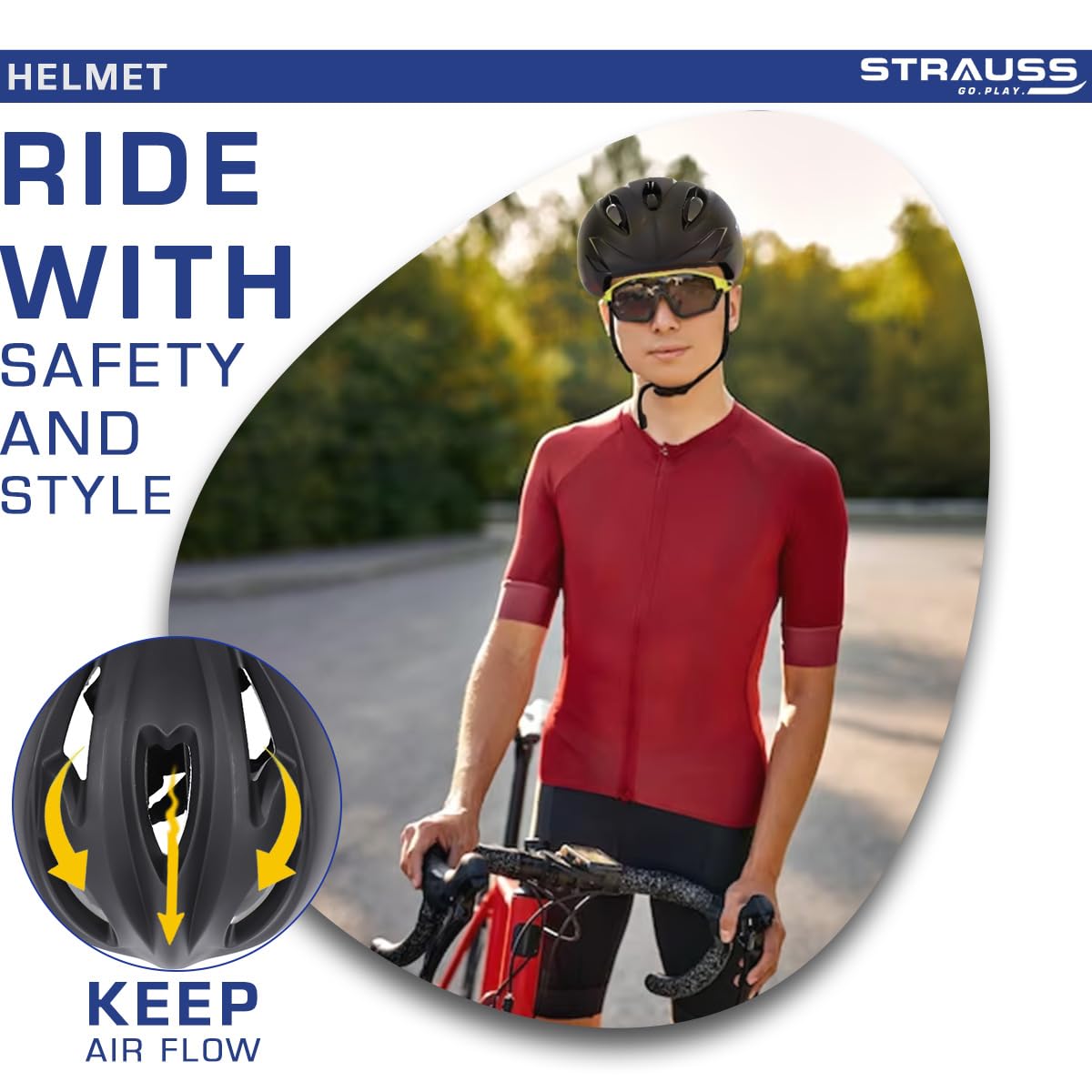 Strauss GlideX Cycling Helmet, Lightweight, Superior Ventilation, EPS Foam Lining, for Adults & Kids, Black.