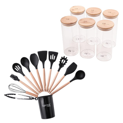 Better Home Tall Jars 1000ml Pack of 6, Savya 12-Piece Kitchen Utensils Set Black-Silicone with Wooden Handle.