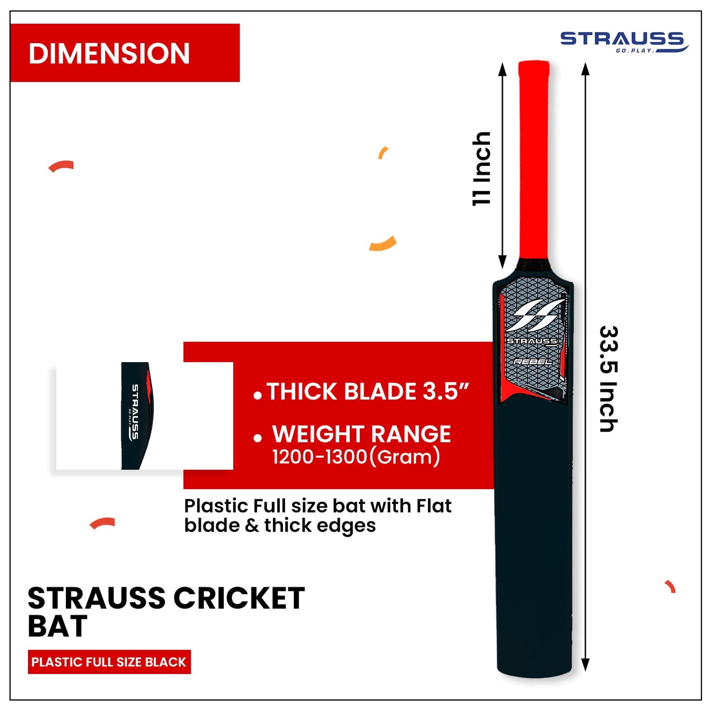 Strauss Rebel Full Size Cricket Bat 34x4.5 inch, Heavy Duty Hard Plastic for All Ages, Tennis/Synthetic Ball, Black