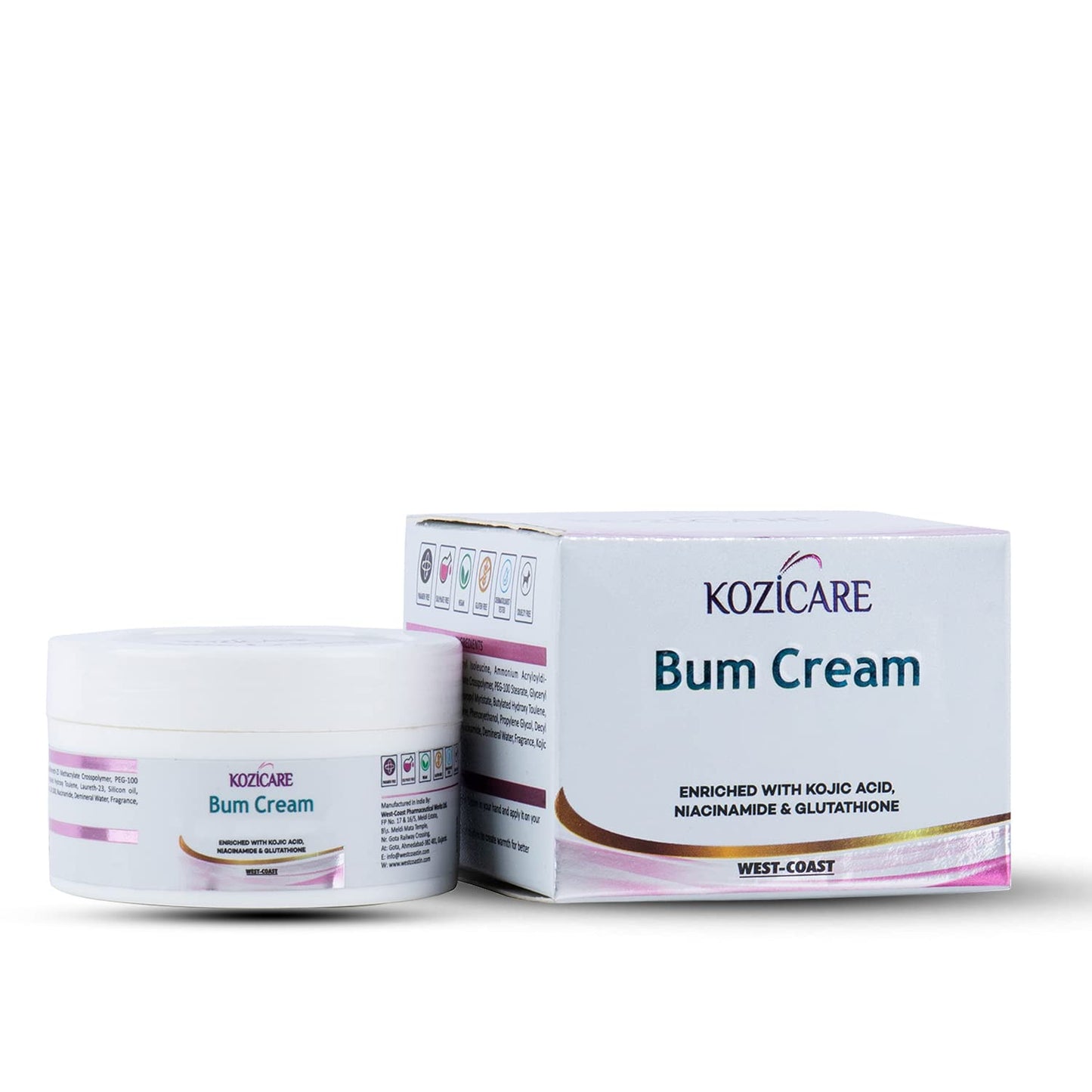 Kozicare Bum Cream with 0.01 Glutathione 1 Niacinamide  0.01 Kojic Acid - 50 GM