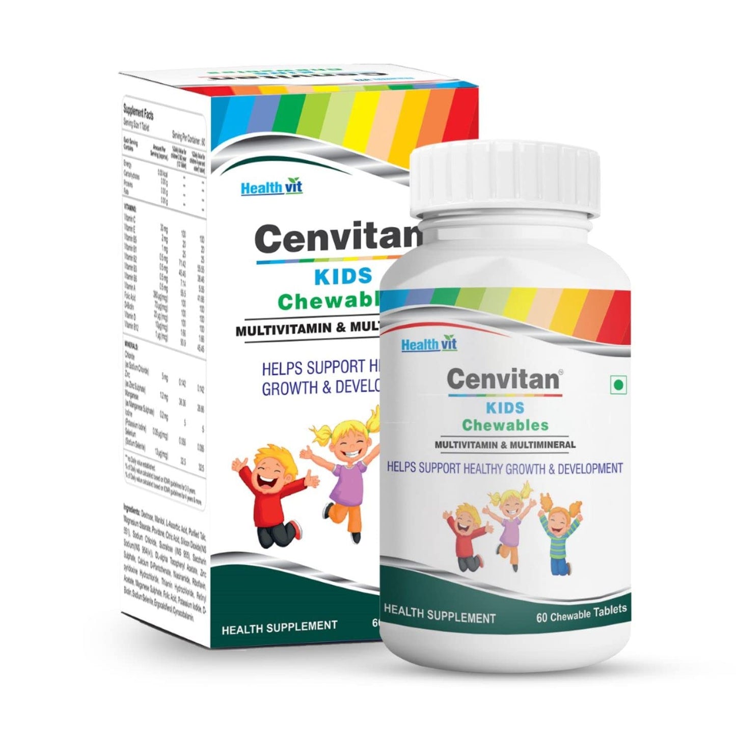 HealthVit Cenvitan Kids Multivitamin Chewable Tablets: Supports growth, immunity, energy, strong bones. 60 tablets.